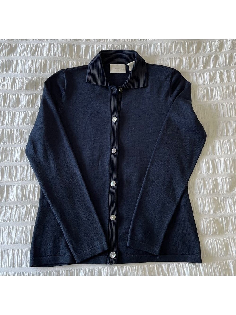 LIZ CLAIBORNE Silk Blend Fine Knit Navy Blue Shell Button Collared Cardigan Chic - Picture 5 of 16